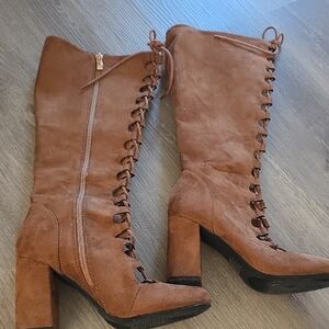 Brown Suede Lace-Up High Heel Boots